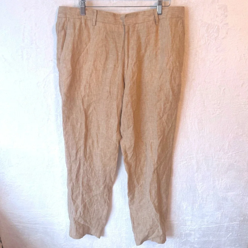 Bonobos Mens Standard Fit Linen Pants‎ Tan Khaki Flat Front Trousers Size 36
